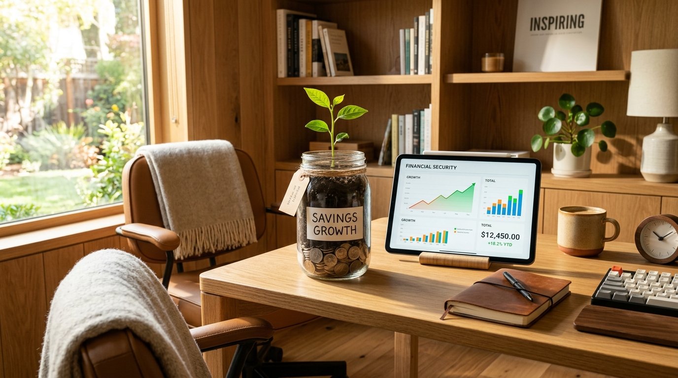 Growing financial nest egg with tablet and modern home office
